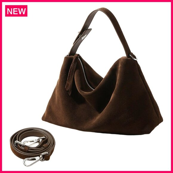Handbags - Genuine Leather Suede Tote Bag, Large Capacity, Adjustable Strap, Versatile